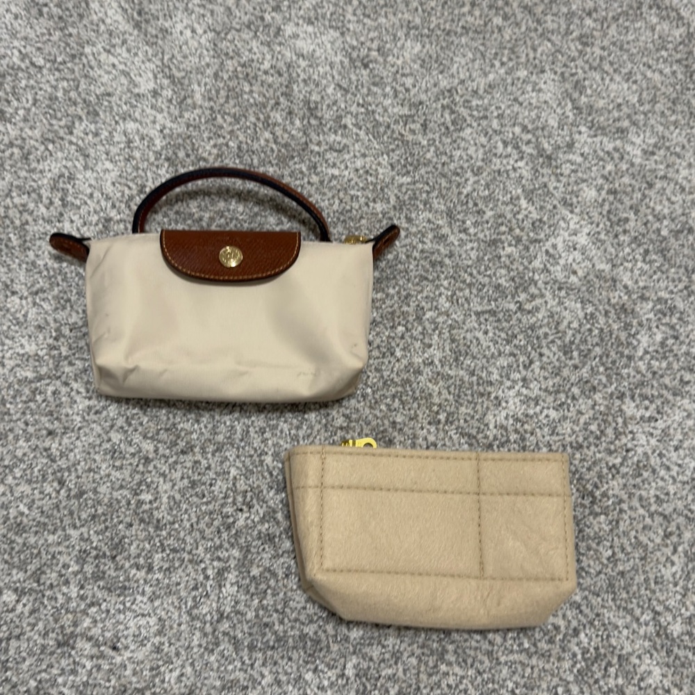 Beige Compact Nylon Cosmetic Pouch with Brown Trim